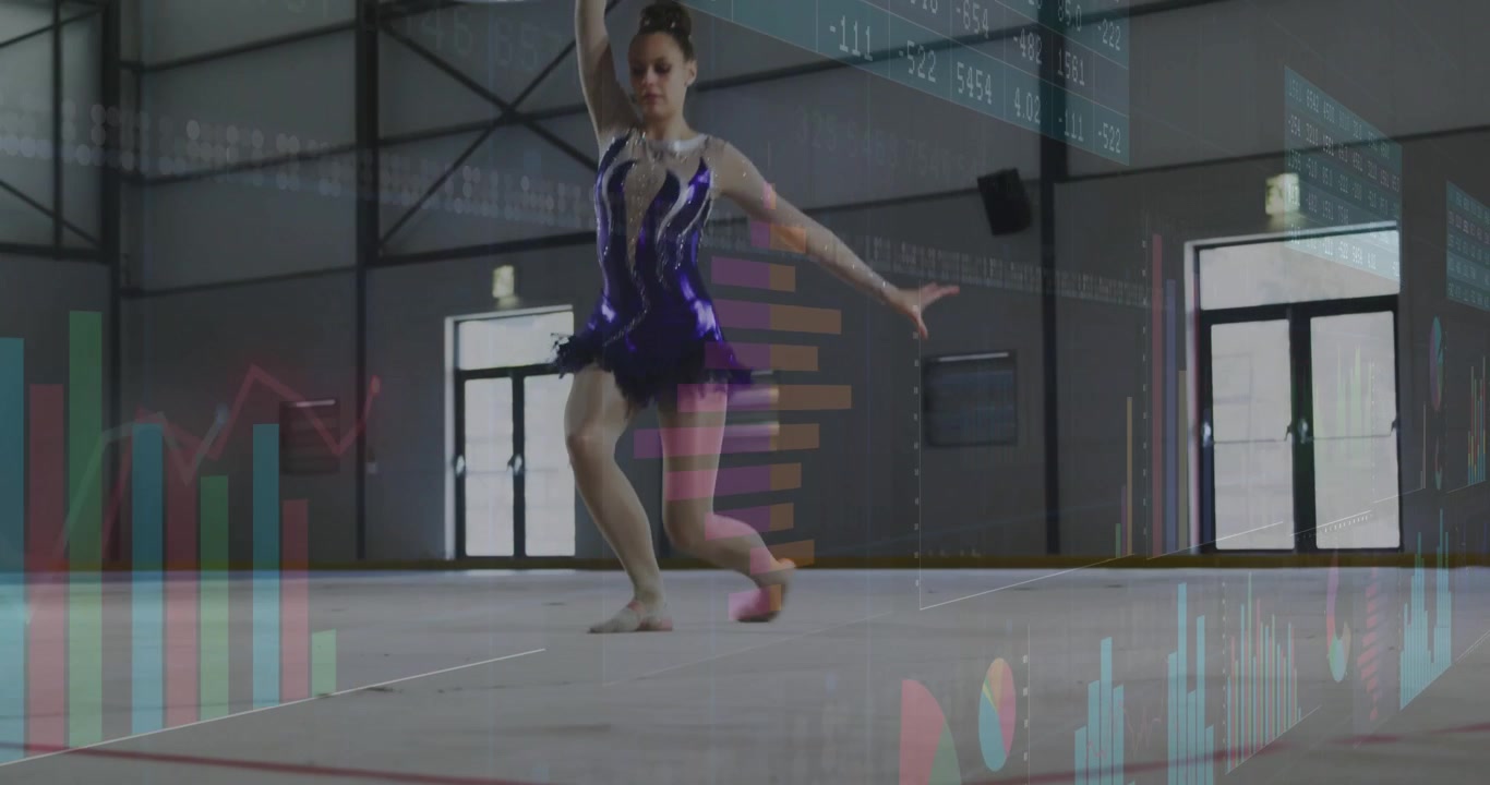 Una ginnasta adolescente che inizia una routine con il cerchio in palestra, animando grafici a barre o a linee che mostrano dati sulla salute