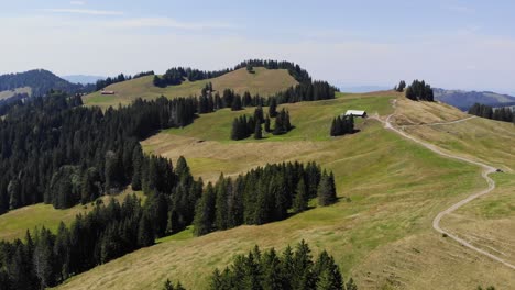 idyllic panorama of mountain pastures in swiss alps,aerial drone view