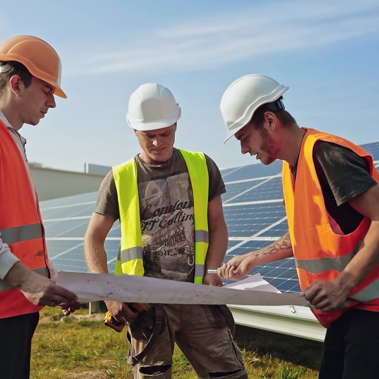 Engineers talking on the solar farm. Group of workers discuss their work while looking at project plan on the sunny batteries background.