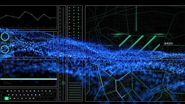 Animations of digital interface and blue wave on dark background