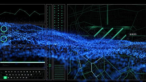 Animations of digital interface and blue wave on dark background