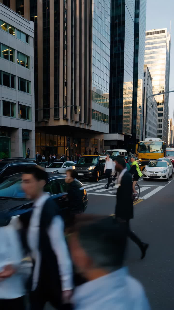 People crossing a busy city street at a crosswalk