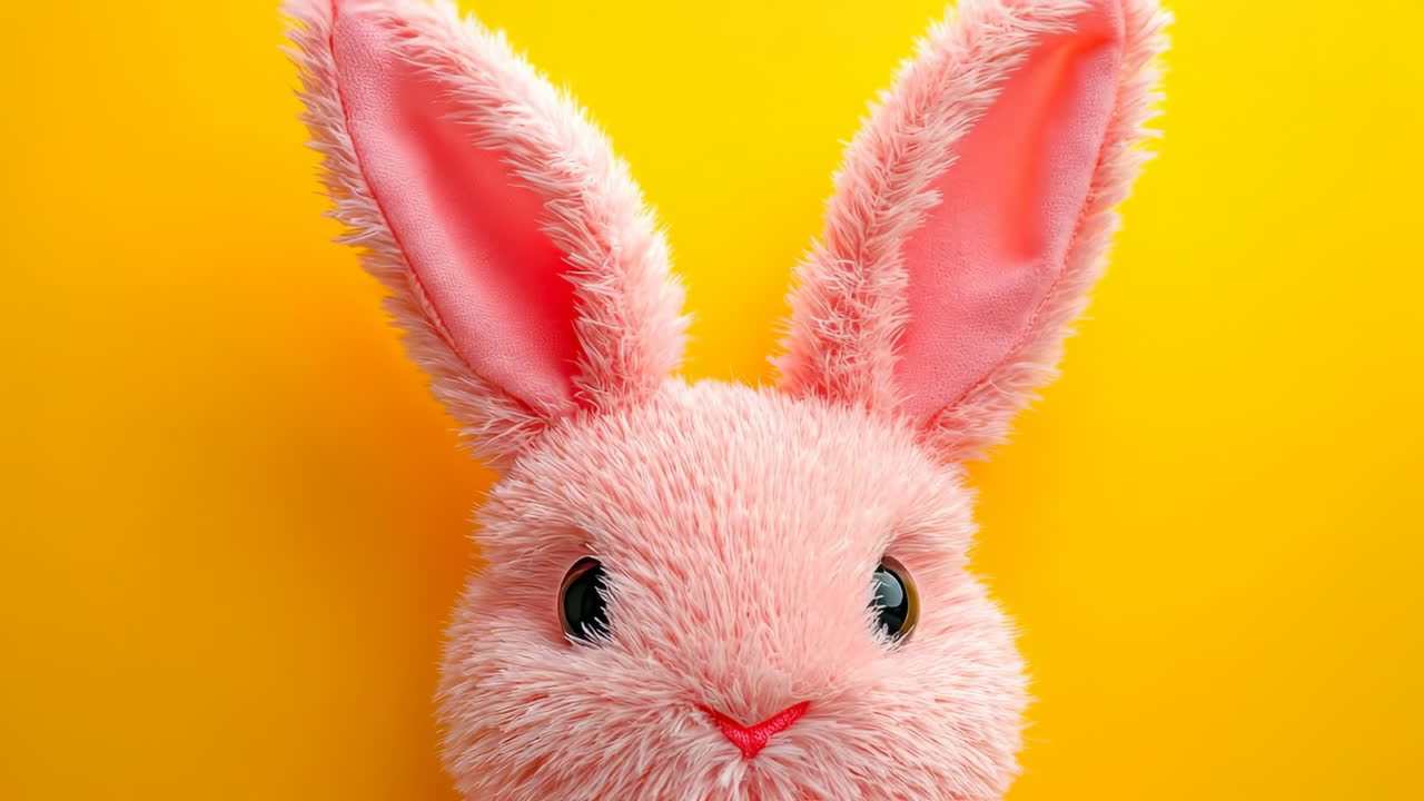 Cute pink bunny toy with big ears. A soft pink bunny toy features large ears and shiny eyes, set against a bright yellow background for a cheerful look