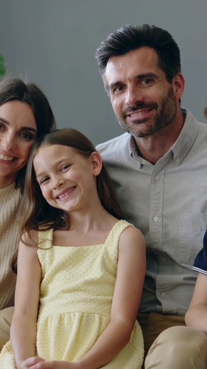 Video vertical: Familia sonriente reaccionando al zoom de la cámara, sentada en el sofá de casa, con vestido amarillo.
