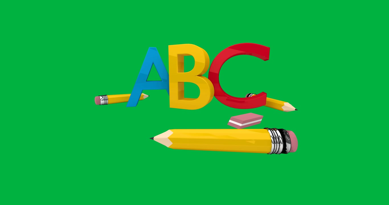 Testo ABC colorato con icone di matita e gomma su sfondo nero.