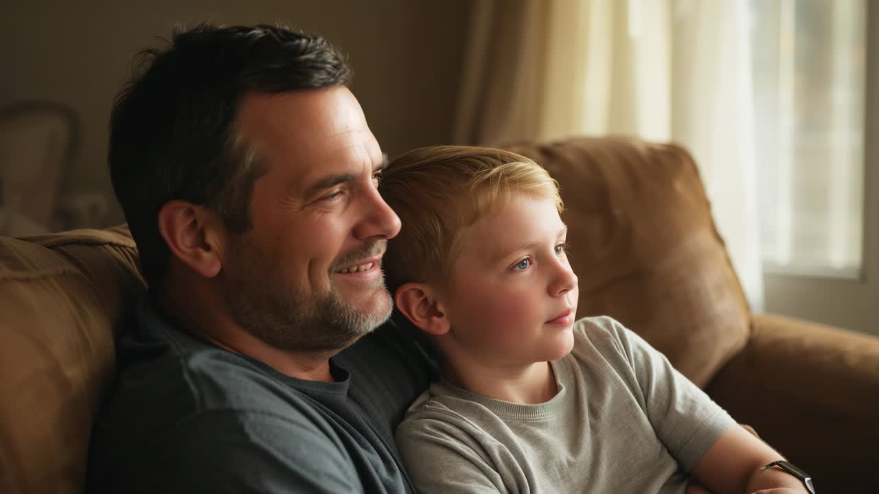 Watching dad and son sitting and gazing on living room sofa, sunlit curtains drawing attention