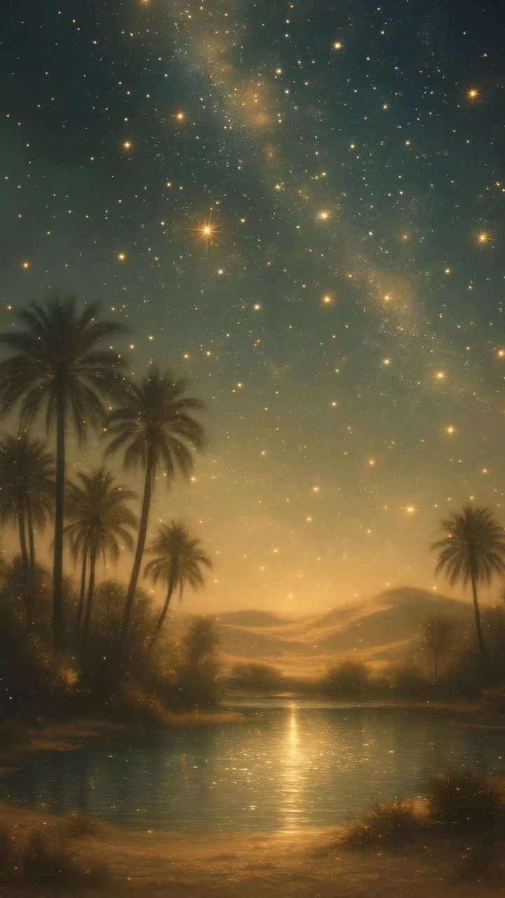 A serene, starry night over a desert oasis with palm trees, captured from a low angle