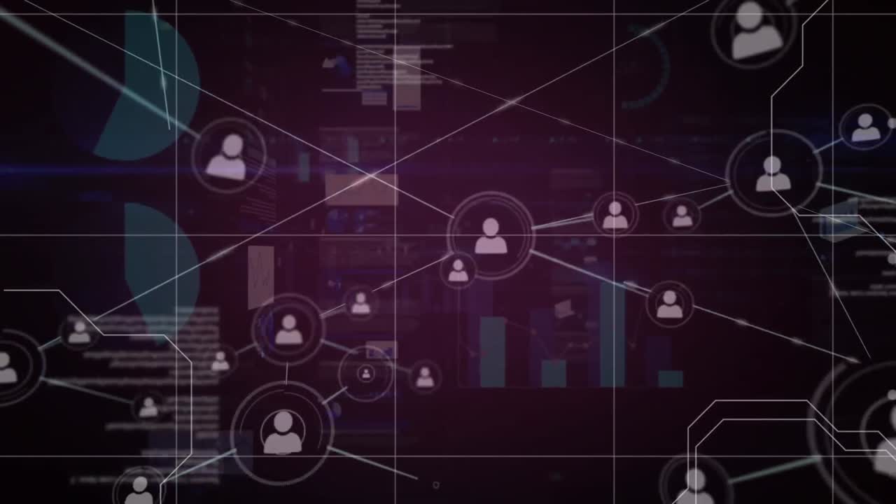 Animation of connected people icons with moving data information and graphs over a grid
