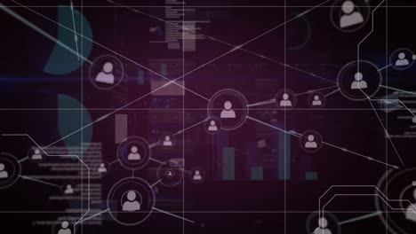 animación de iconos de personas conectadas con información de datos en movimiento y gráficos sobre una cuadrícula