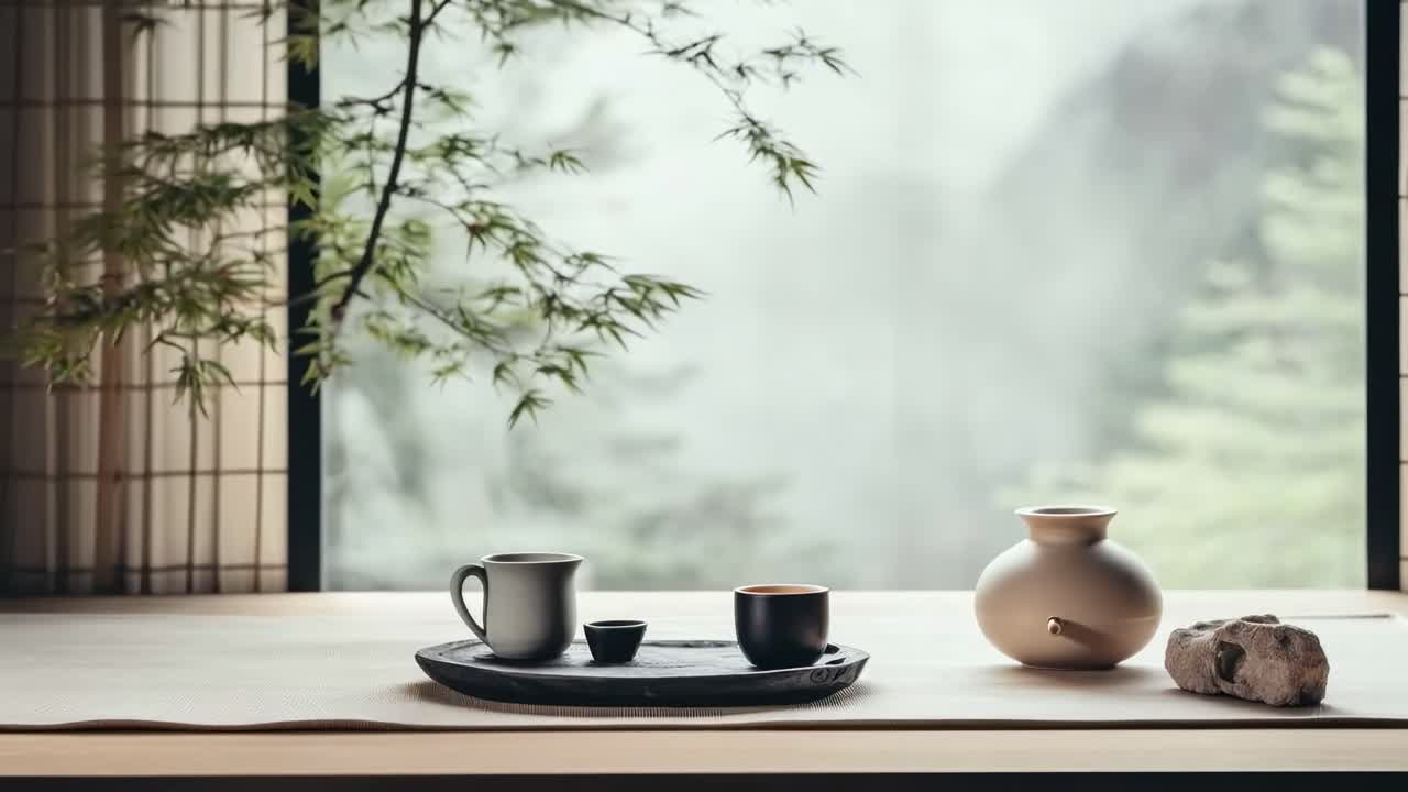 A serene video scene of a minimalist tea set on a wooden table, captured from a side angle
