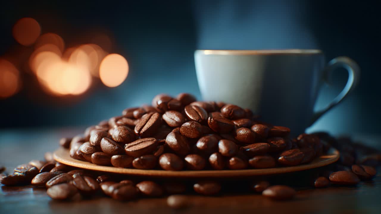 En fredfyldt scene med friskristede kaffebønner stablet ved siden af en dampende kop – perfekt til feinschmeckere, der elsker den aromatiske oplevelse af fuldendt brygning.