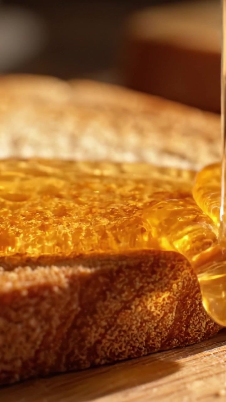 Miele dorato che cola su pane tostato croccante: una deliziosa delizia per la colazione catturata in due fotogrammi allettanti che evidenziano la perfetta indulgenza mattutina.