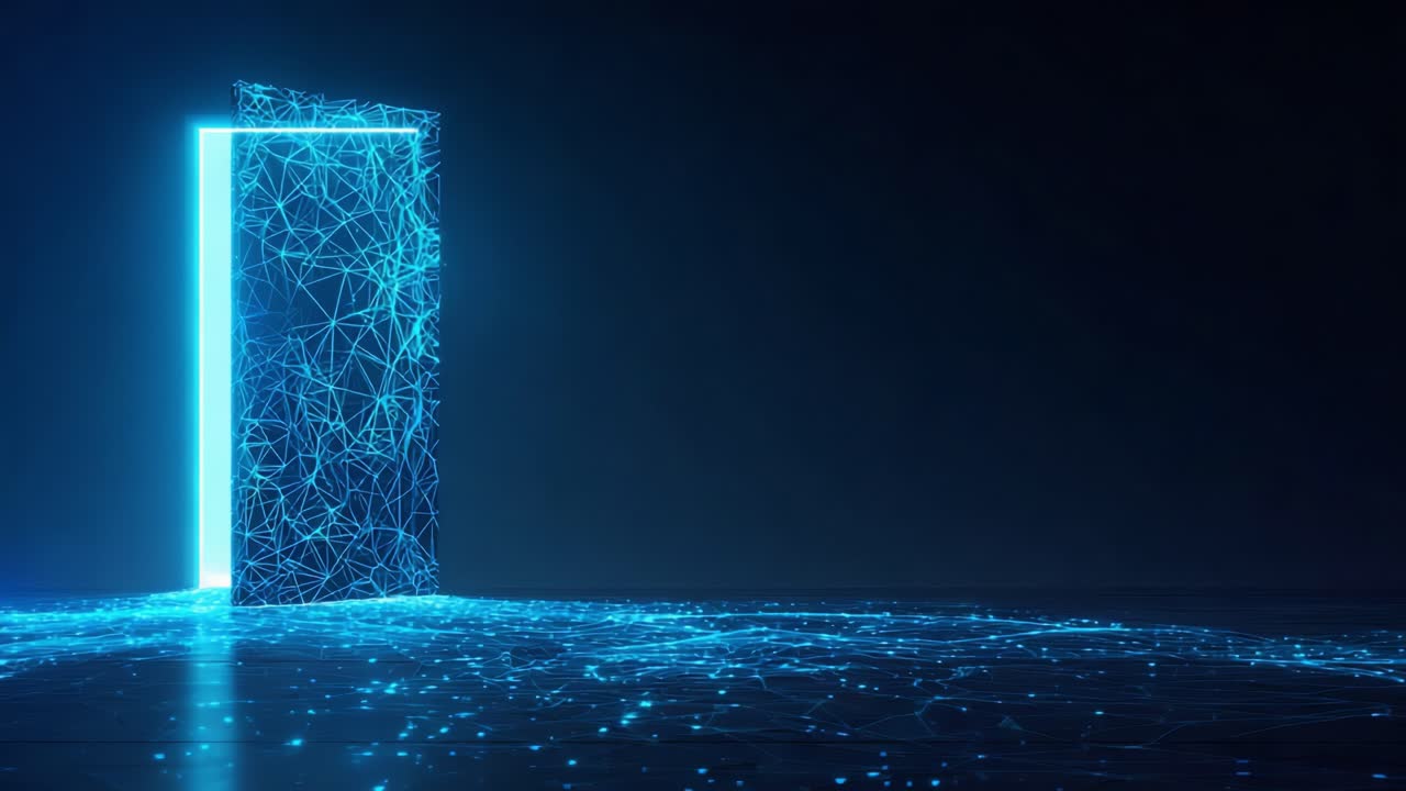 A Stunning Visualization of a Futuristic Digital Doorway, Illuminated by a Network of Vibrant Blue Connections, Symbolizing New Opportunities and Technological Advancement