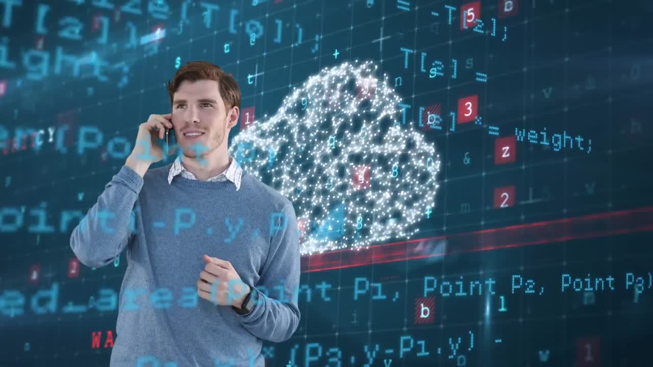 Animation of Caucasian man talking on his smartphone with processing servers in background
