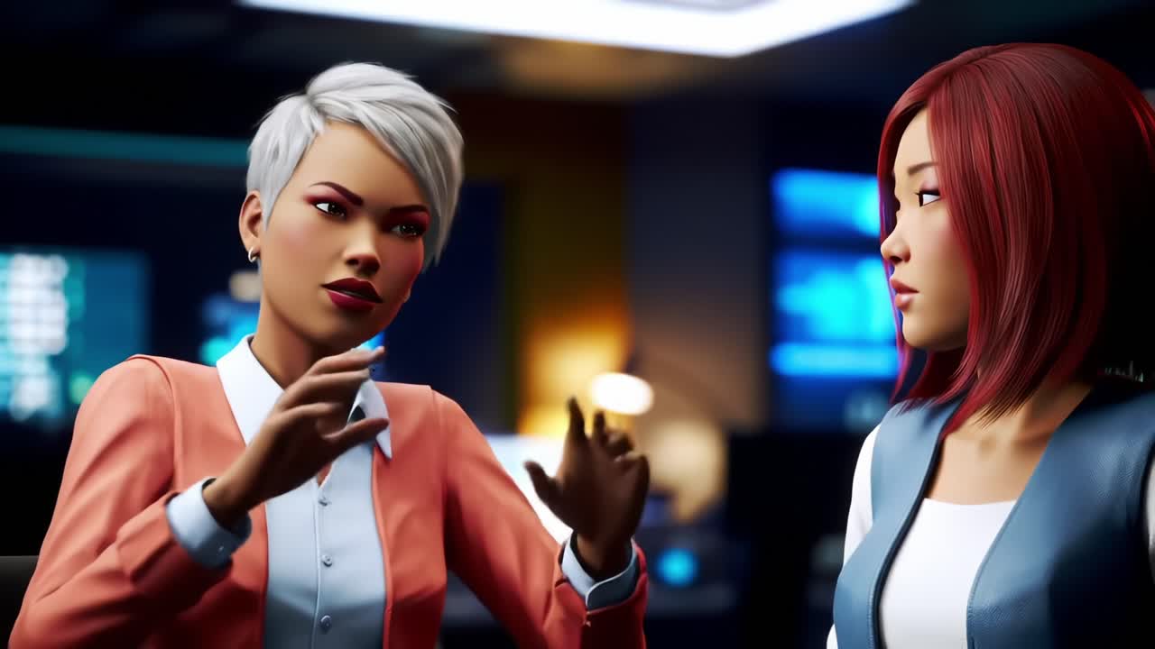 In a Dynamic Digital World, Two Strong Female Characters Engage in An Animated Conversation: Unveiling Emotions and Insights in a Modern, High-Tech Environment