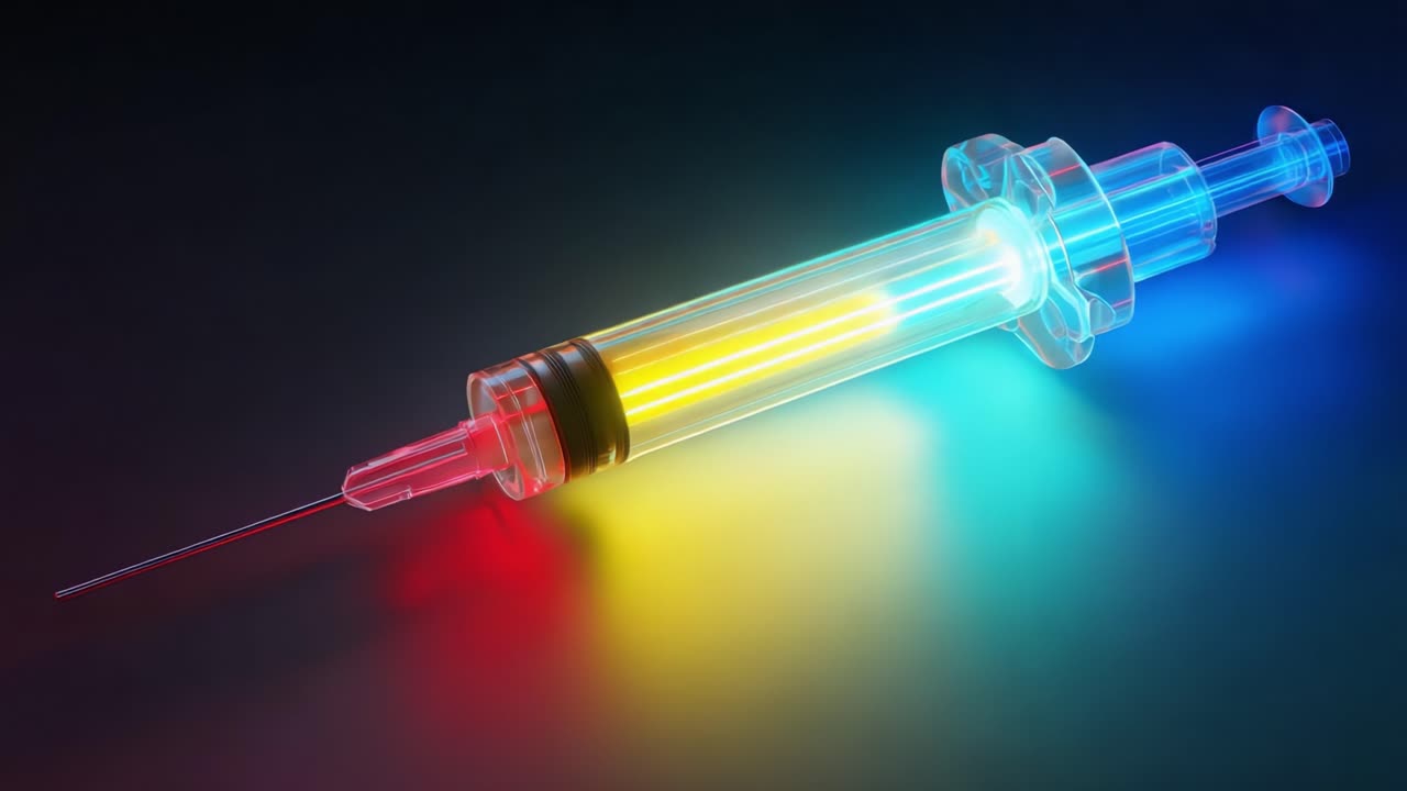 A vibrant and futuristic depiction of a syringe, illuminated with gradient colors that showcase its translucent design, bringing a modern twist to a medical instrument commonly used for injections