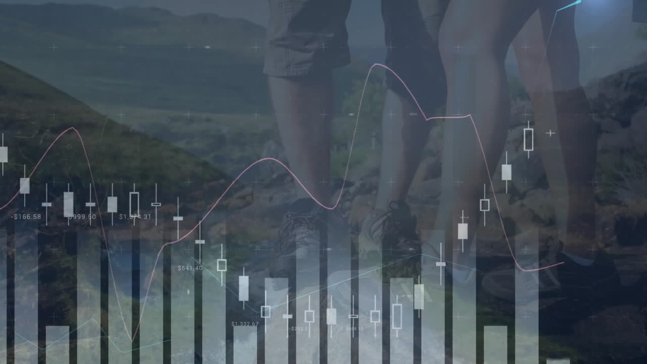 animación del procesamiento de datos financieros sobre personas diversas en la naturaleza