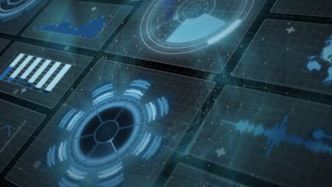 Animation of digital data processing and scopes scanning on screens over black background