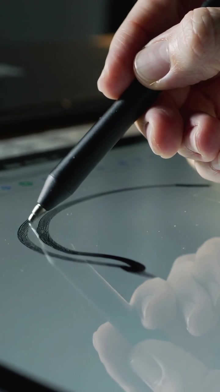 Video verticale: Stilo che tocca il vetro, mano che disegna una curva sullo schermo per uno schizzo, bagliore della lampada del laptop.