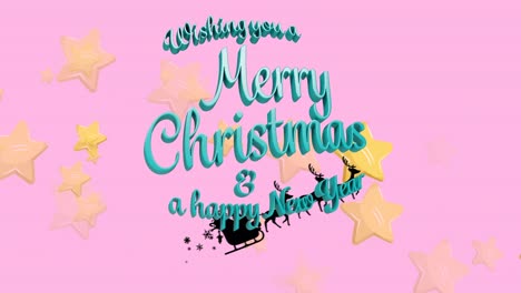 Animation-of-christmas-greetings-text,-santa-claus-in-sleigh-with-reindeer-and-christmas-decoration