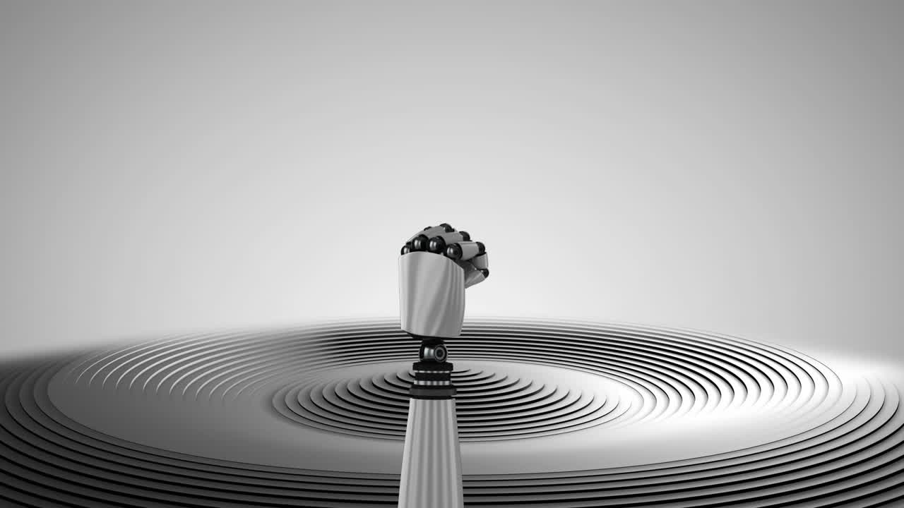 회색 배경으로 움직이는 회색 원형 표면 위의 로 팔의 애니메이션