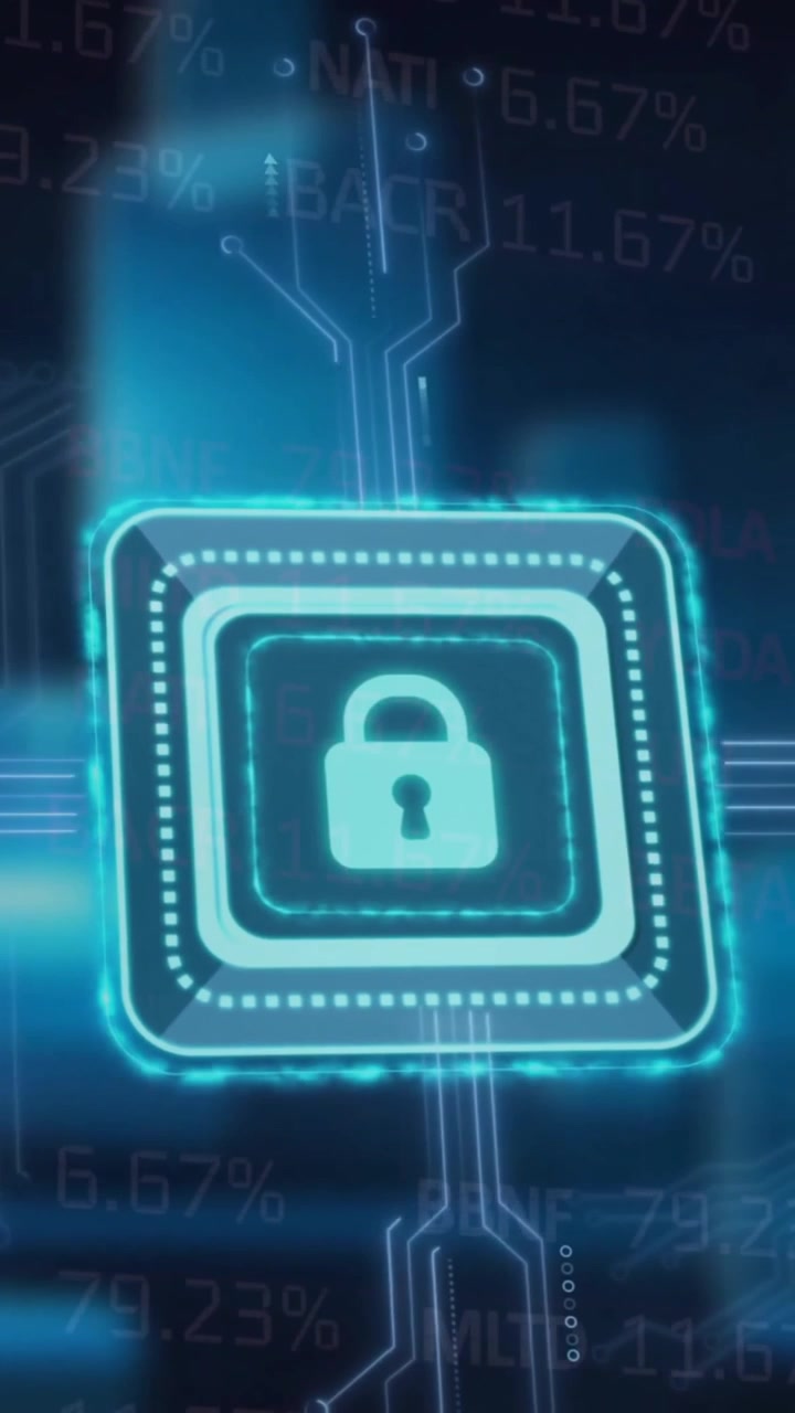 Animation of padlock icon and motherboard network over data processing on dark background