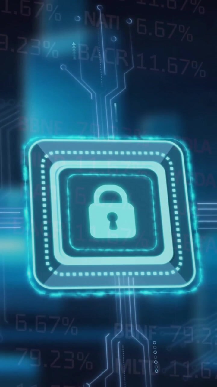 Animation of padlock icon and motherboard network over data processing on dark background
