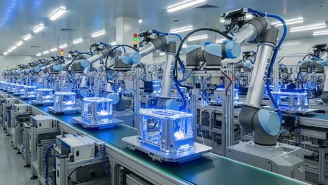 automation in action: a futuristic manufacturing line featuring multiple robotic arms working in unison to assemble high-tech transparent components in a high-efficiency environment