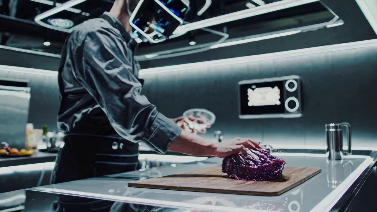 en chef vr cocinando filete en la cocina futurista