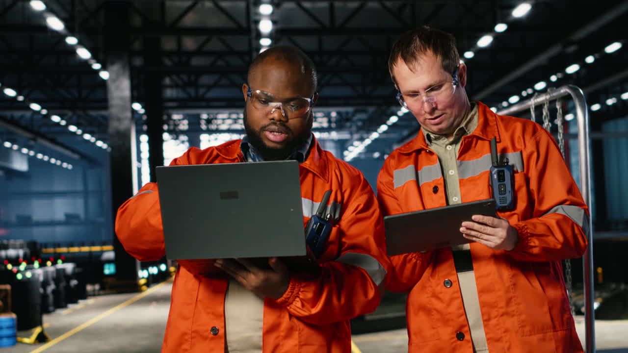 Industrial staff oversees plant operation with gadgets surrounded by tools