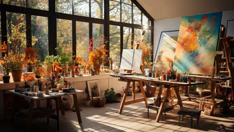 bright artist studio filled with colorful paintings and autumn foliage