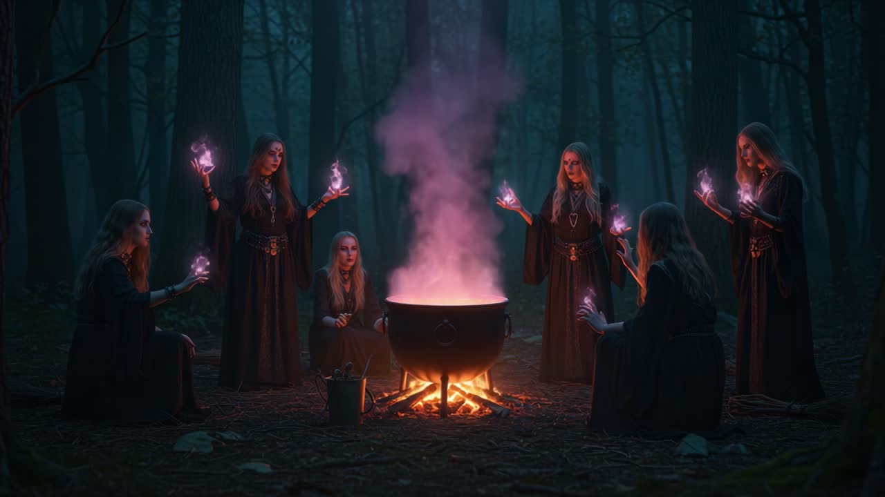 A Mystical Gathering of Enchantresses in the Moonlit Woods, Conjuring Powerful Spells and Potions Around an Enigmatic Cauldron, Illuminated by Soft Flames and Ethereal Lights