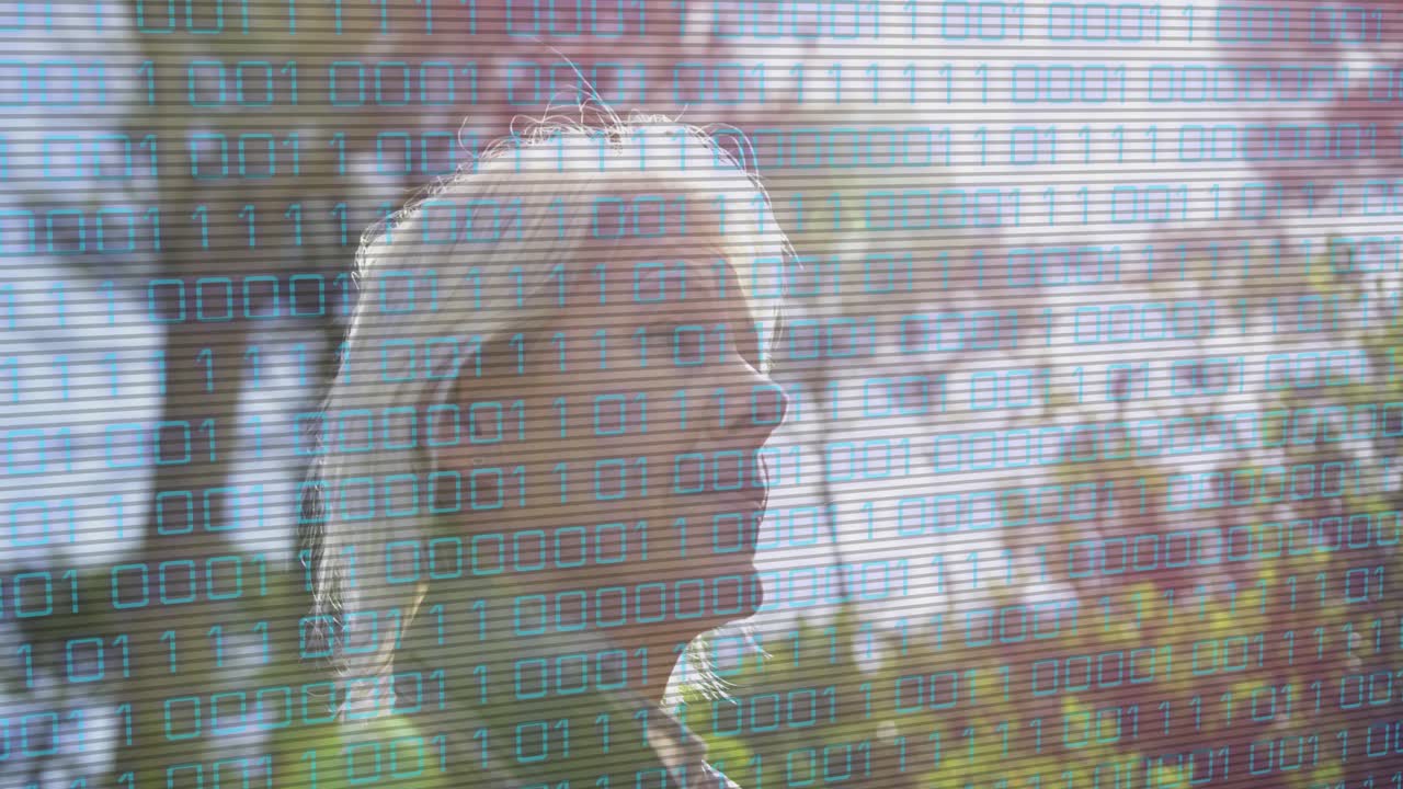 Binary overlay appearing over scene while woman standing lakeshore gazing for technology showcase
