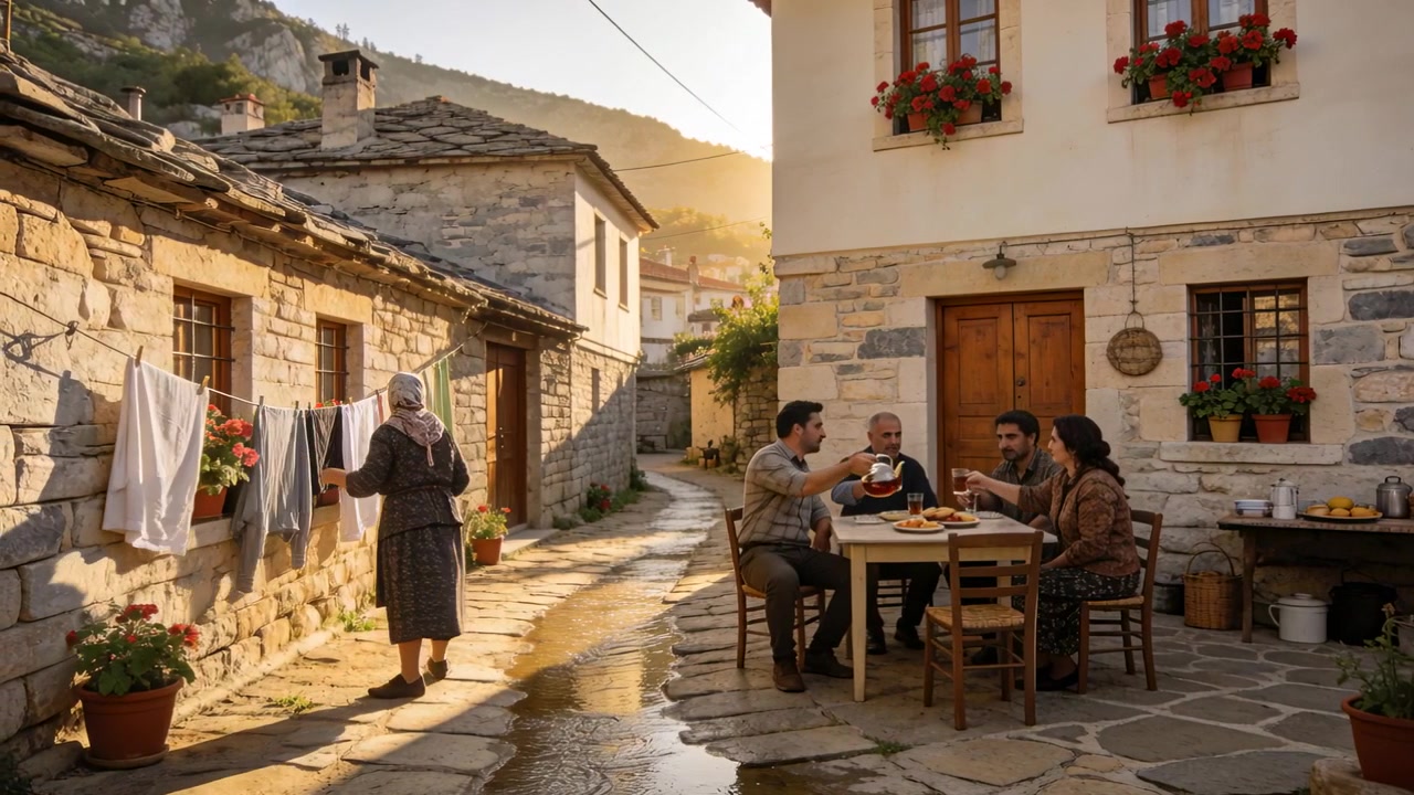Donna con foulard che finisce il bucato e cammina verso il tavolo in un cortile in pietra, unendosi al pasto, con spazio per il testo.