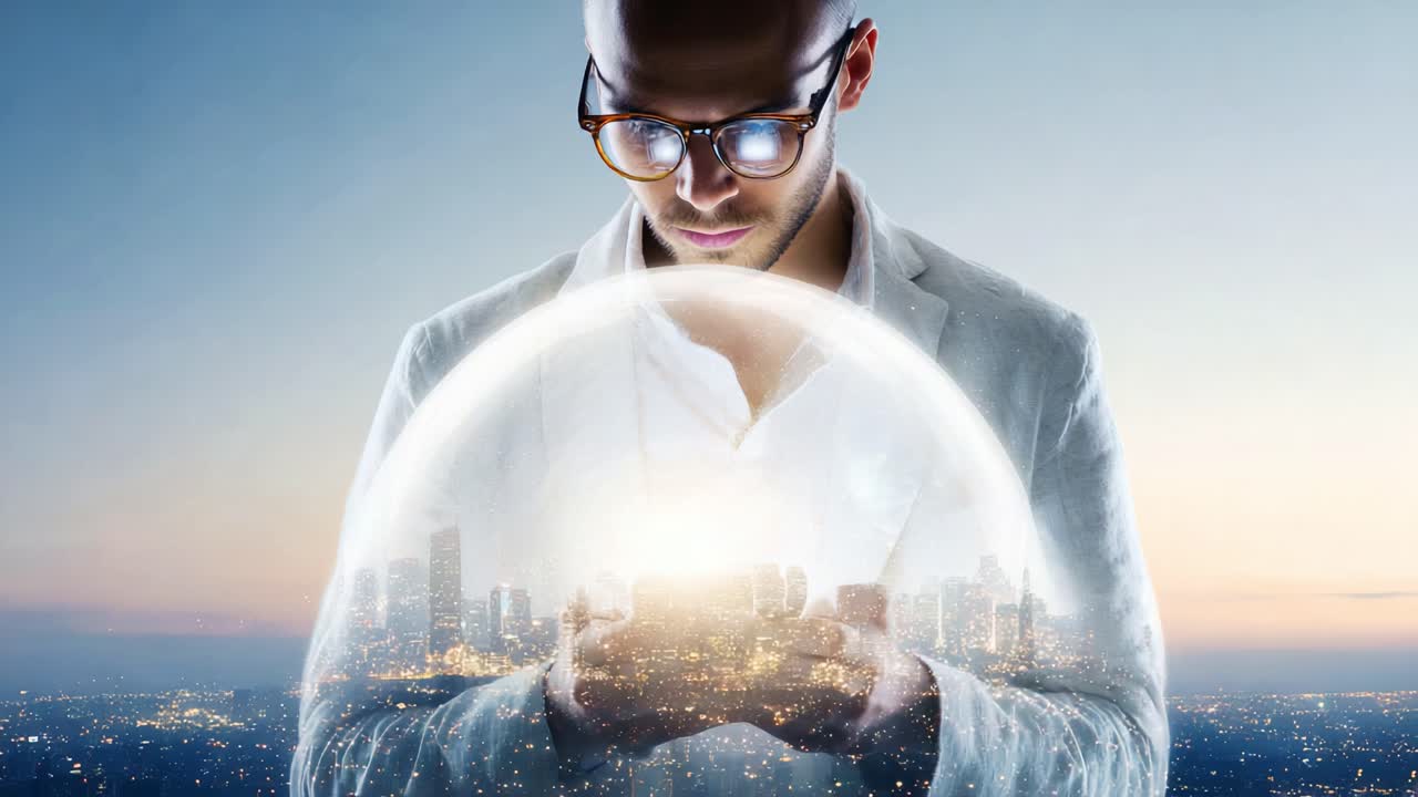 A visionary individual stands captivated, illuminating his surroundings with innovative thoughts as he harnesses the power of technology amidst a dazzling cityscape, embodying progress and potential
