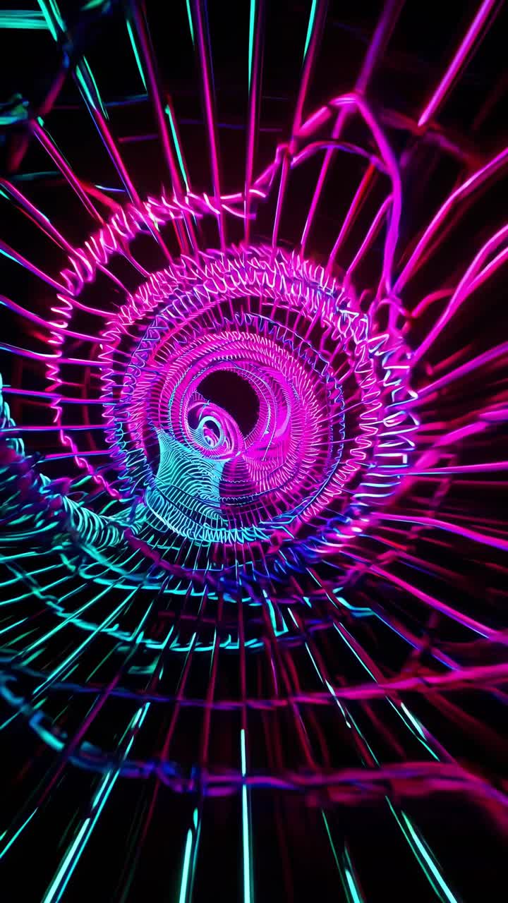 Neon spiral twirling through dark background, radiating electric pink and turquoise colors, generating hypnotic luminescent pattern
