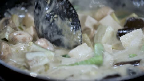 코코넛 밀크에 타이 채식 야채 카레를 천천히 저어주세요 - 클로즈업