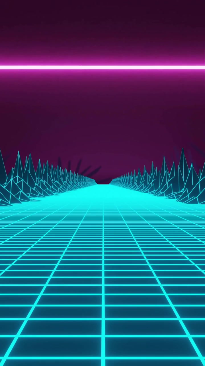 Animazione retro-futuristica di un paesaggio a griglia al neon con montagne wireframe