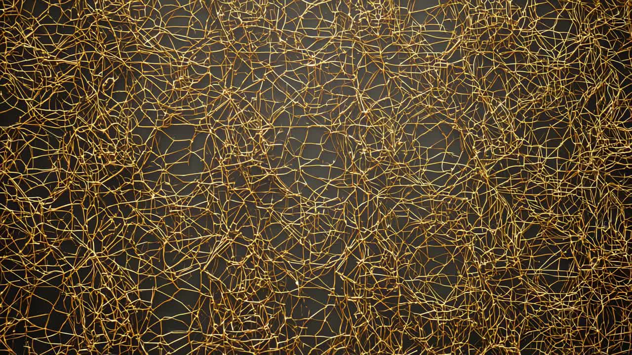 Shifting golden filament lattice driving pulsing nodes, opening gaps for shimmer on dark backing