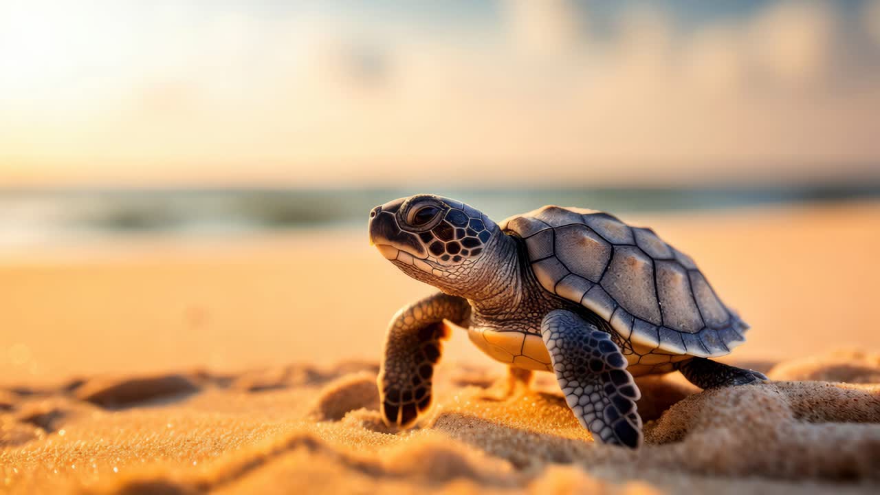 Close-up video shot of a baby turtle on a sandy beach at sunrise, capturing the serene and natural
