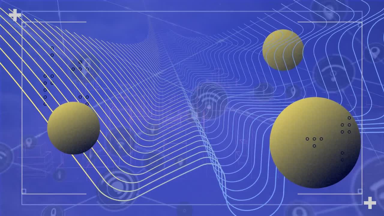 Animation af abstrakte former over netværk af digitale ikoner og roterende 3D-bymodel