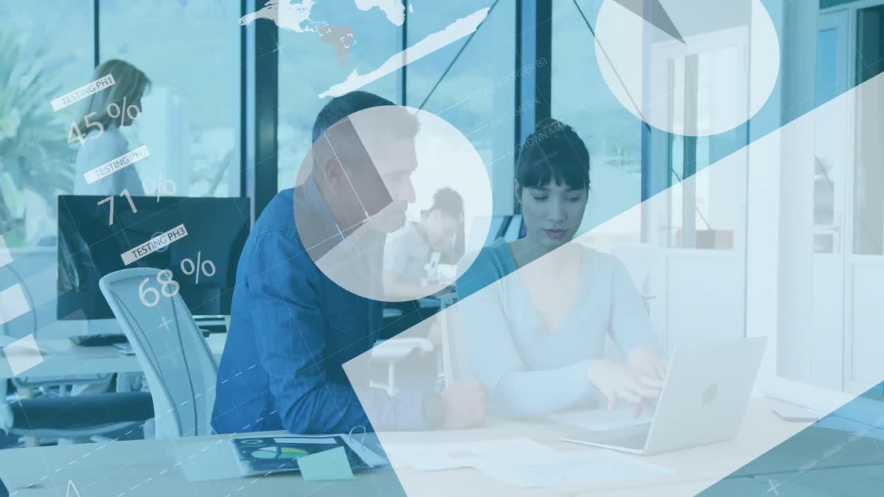 オフィスのさまざまなビジネスマンに対する財務データ処理のアニメーション