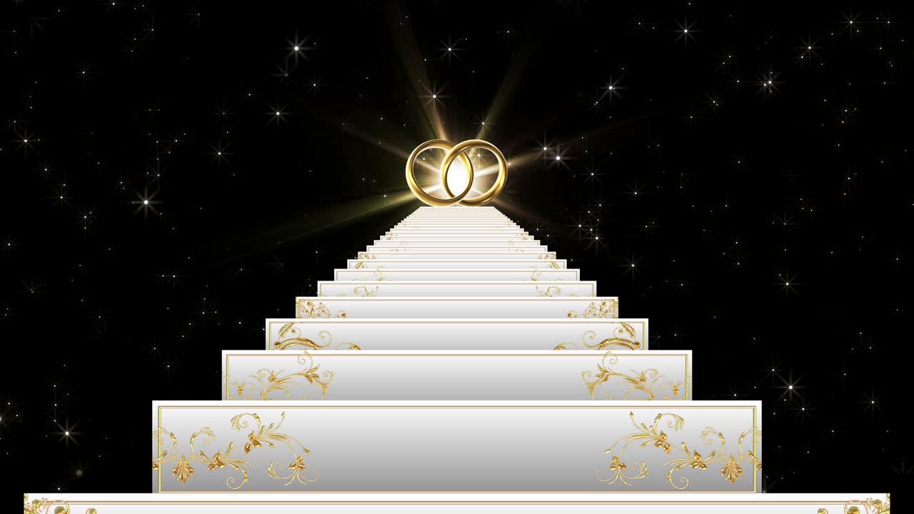 결혼식의 하 계단, 빛과 황금 반지에 올라, 황금 장식으로 계단.