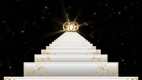 wedding white staircase. climb up to the light and golden rings. steps with gold ornaments.
