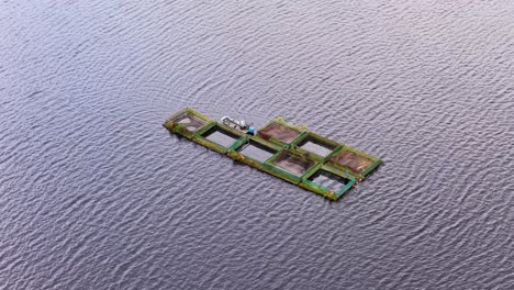 drone footage circles floating fish cages and net pens on calm reservoir water, with soft daylight and steady, smooth camera movement throughout