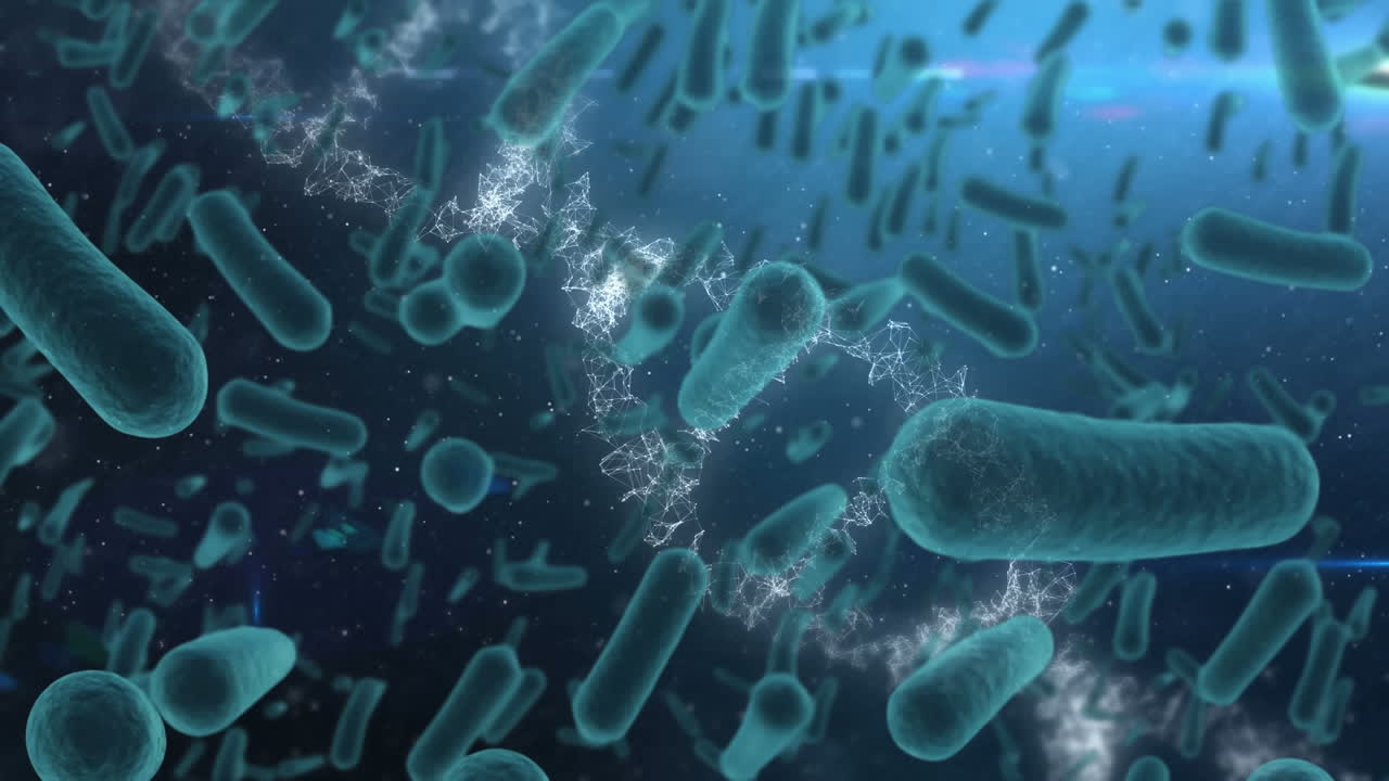 animación de las macrocélulas del coronavirus covid 19 que se propaga, hilos de adn que giran