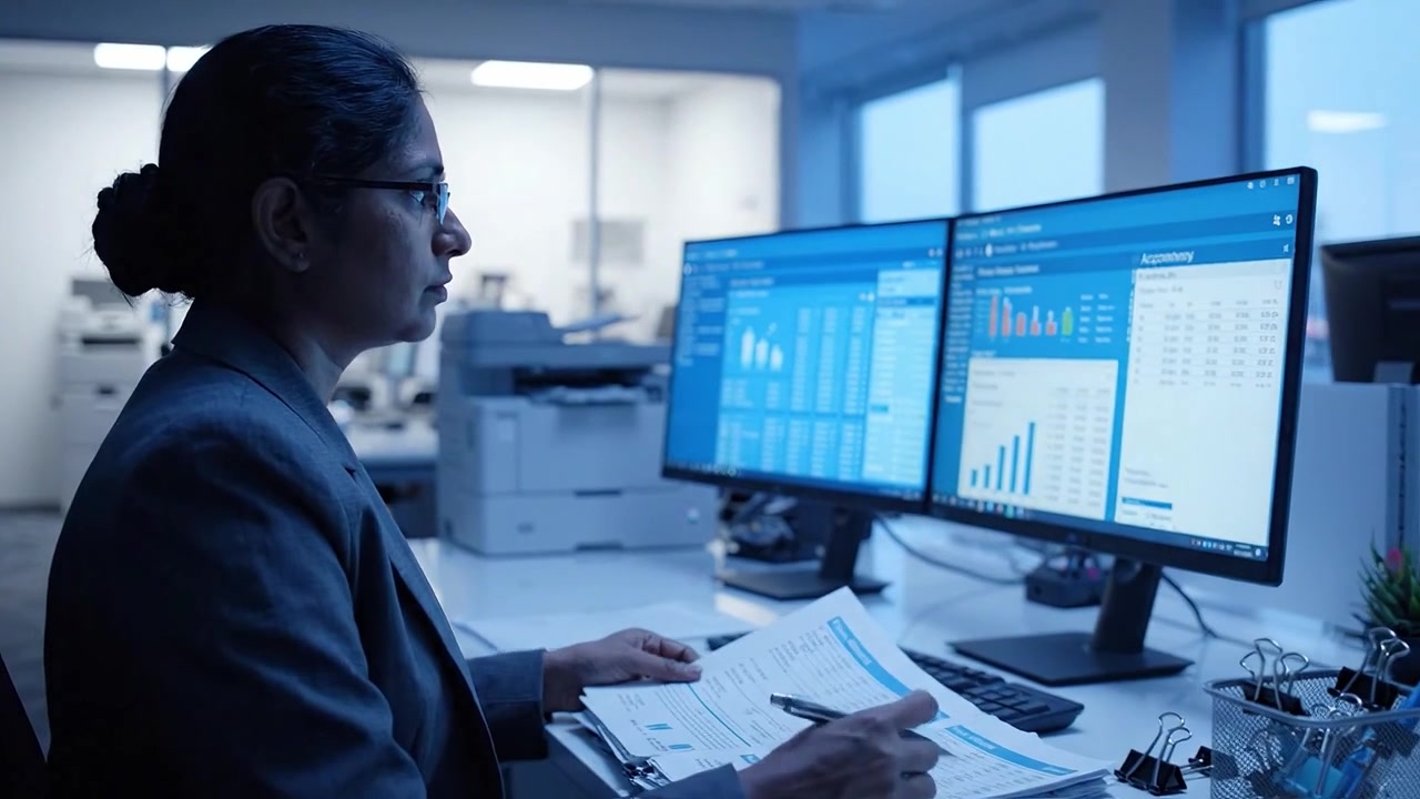 Focused professional analyzing financial data and reports in a modern office setting, utilizing multiple screens for effective performance evaluation and decision making.