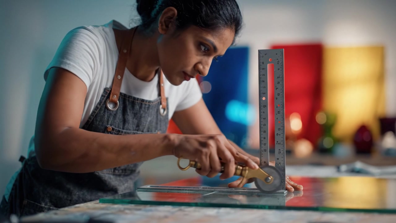 Crafting with Precision: A Skilled Artist Engages in Glass Cutting, Using Tools and Techniques to Create Beautiful Designs in a Colorful Workshop Environment