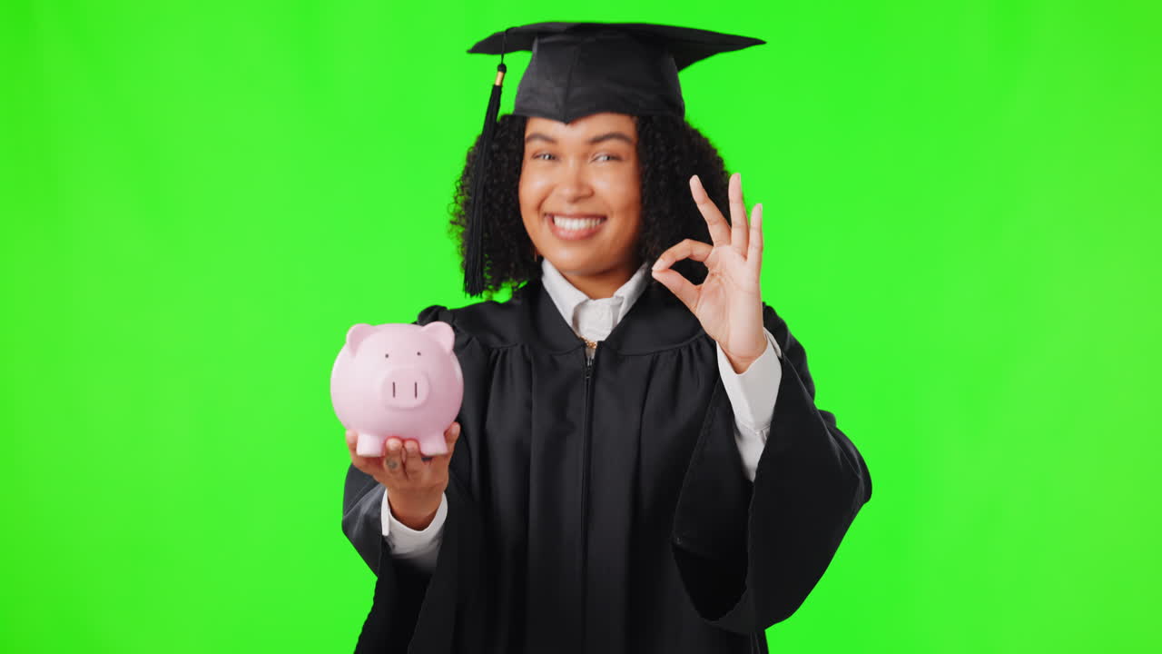 Piggy bank, green screen and student face isolated