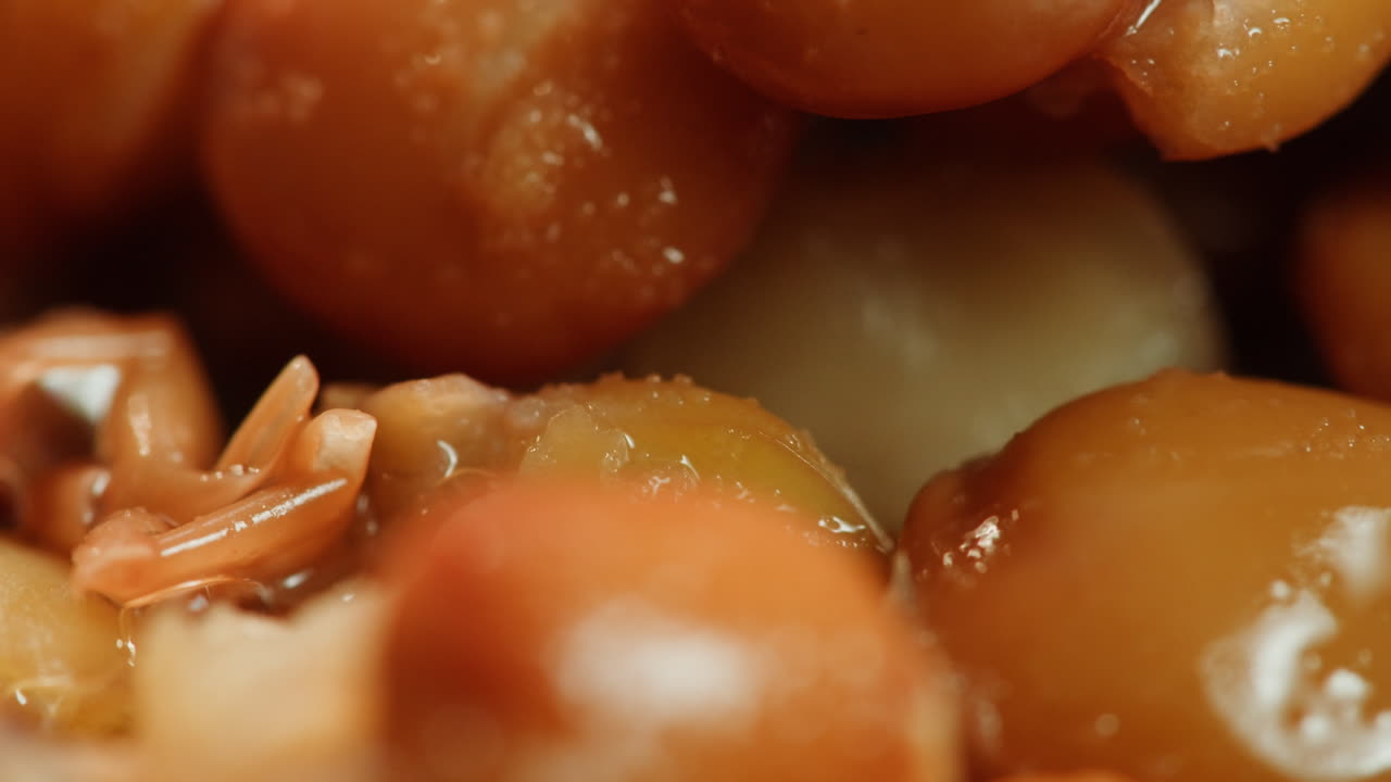 Lentils macro, Open metal can with preserved steamed brown lentils close up isolated on white background